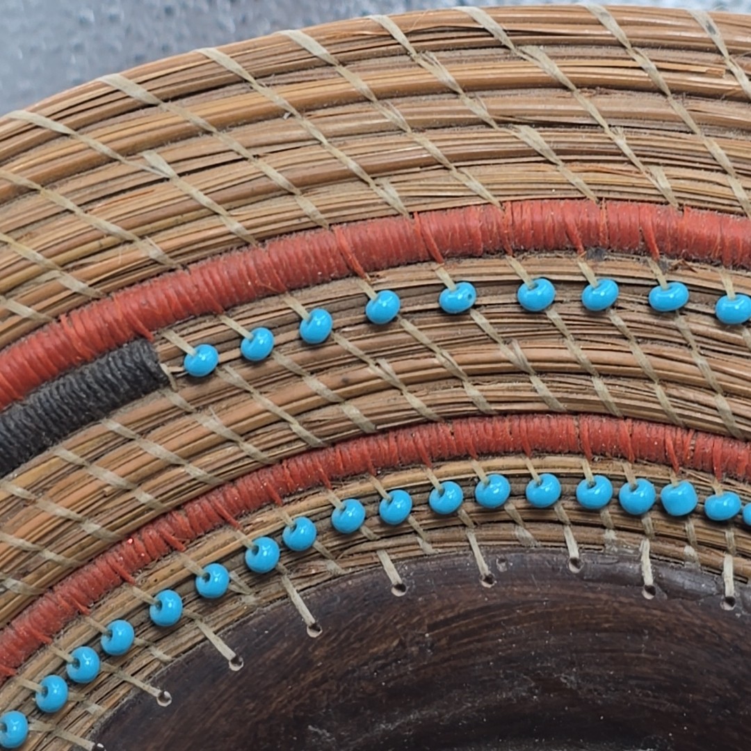 Vintage Handmade Beaded Pine Needle Basket Wood Base & Walnut Slices