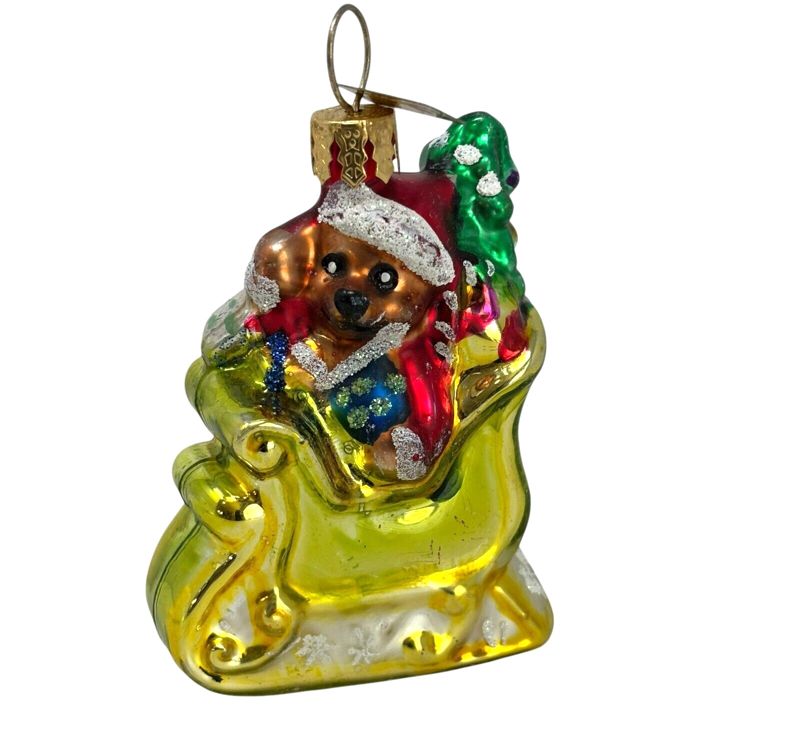 CHRISTOPHER RADKO Teddy Bear Santa on Sleigh Christmas Ornament Blown Glass