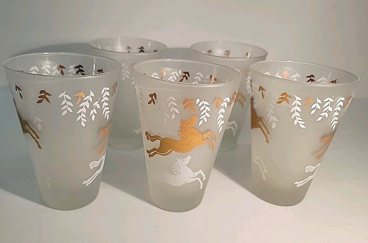 Libbey Cavalcade Horse Tumblers Glasses Frosted Galloping MCM 50s Gold White (5)