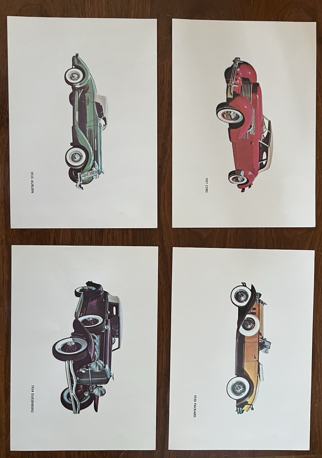 Classic Car Print Set – 1930 Packard, 1935 Auburn, 1937 Cord, 1934 Duesenberg