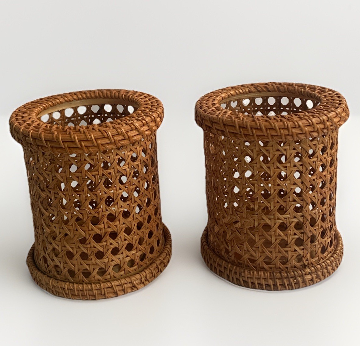 2 Rattan Cane Woven Hurricane Vase Candle Holder Boho Coastal Cottage Decor MCM