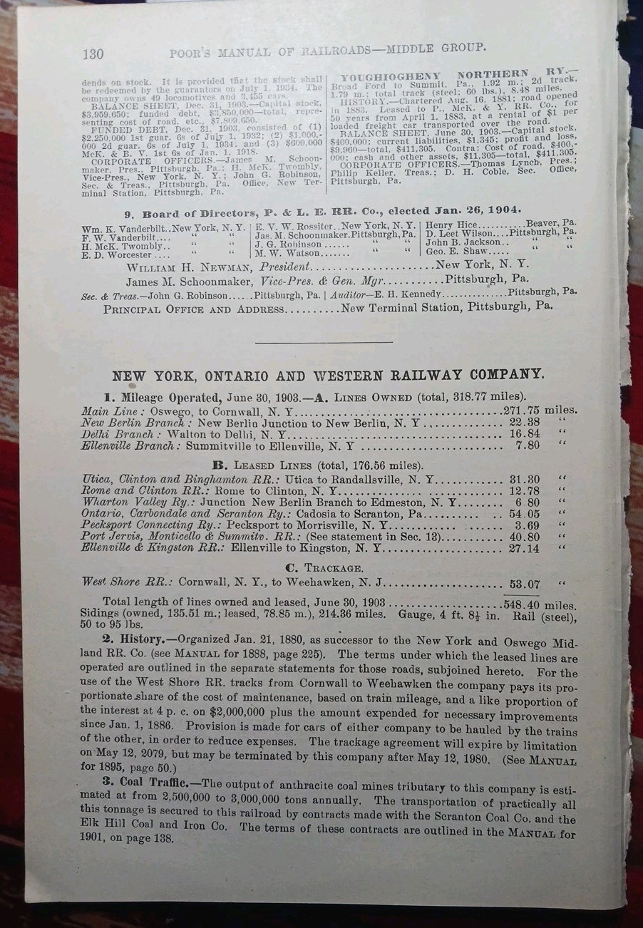 ~1904 Train Report NEW YORK ONTARIO & WESTERN RAILWAY Cornwall Walton Delhi NY