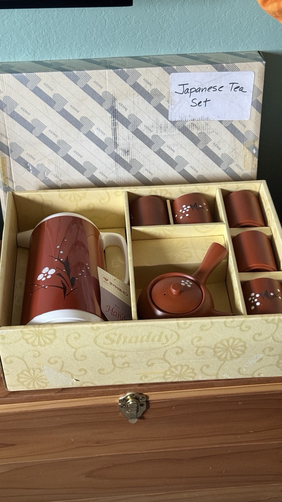 Vintage Japanese Tea Set Shaddy Diamond Thermos Pot 5 Cups Plum Blossom Boxed