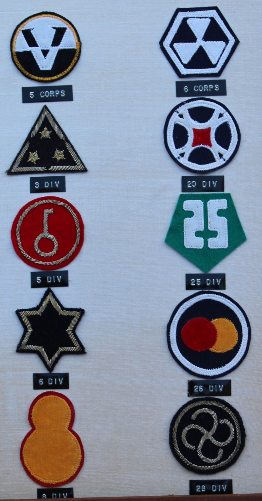 23 REPUBLIC OF KOREA (ROK) DIVISION PATCHES MOUNTED IN A FRAME