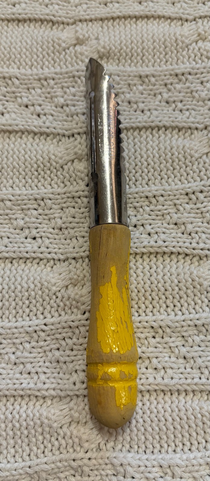 Vintage Vegetable Peeler Apple Corer Yellow Wooden Handle Stainless Steel Rustic