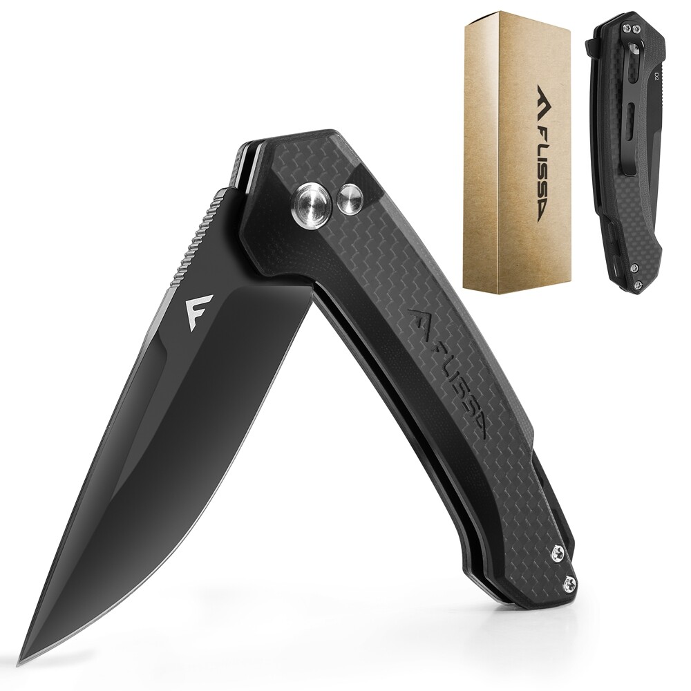 FLISSA 3.2″ Folding Pocket Knife Carbon Fiber Handle w/Pocket Clip & Button Lock