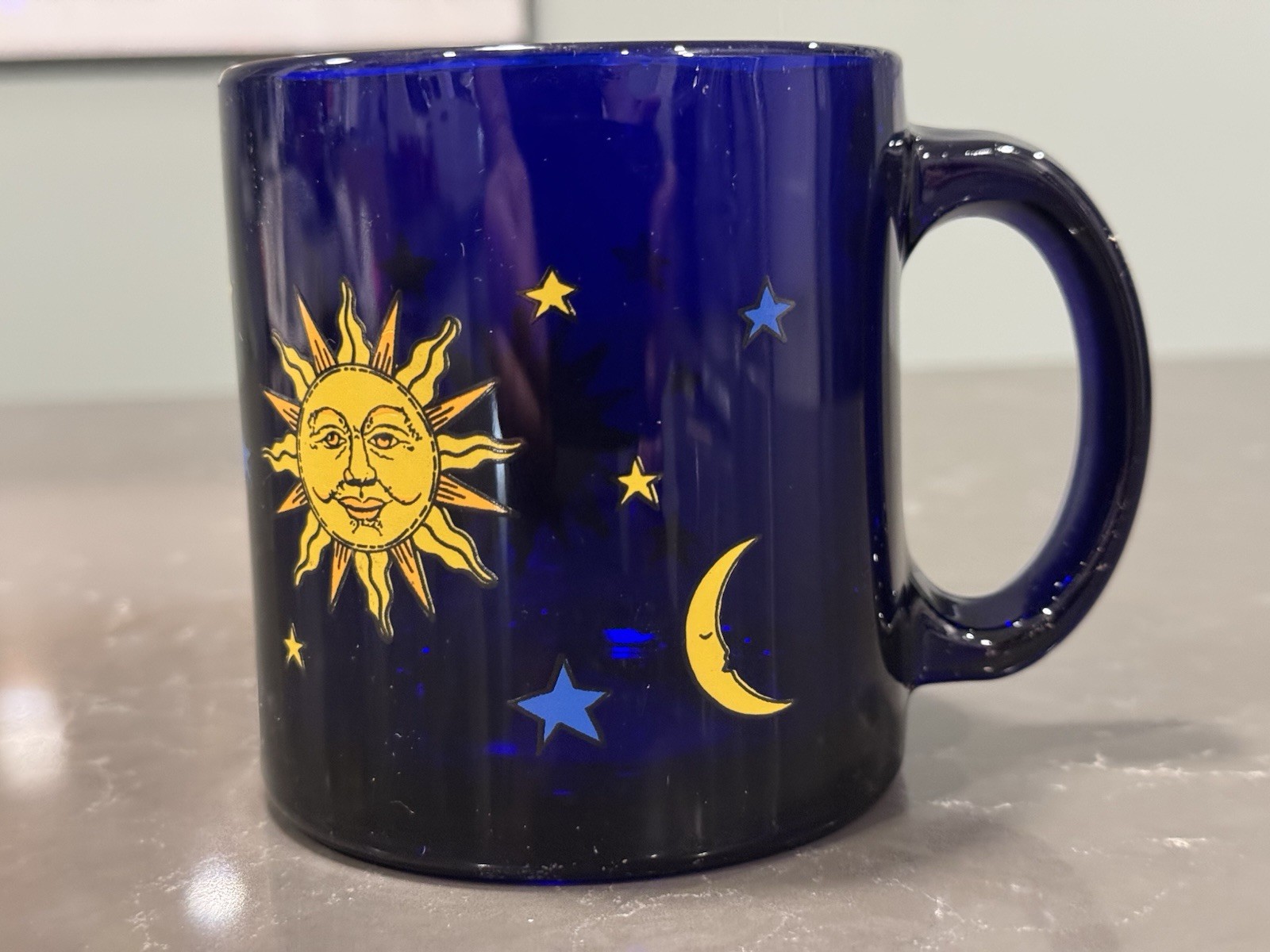 Libbey Unused Sun Moon Stars Cobalt Blue Glass Celestial Coffee Mug 90s Friends