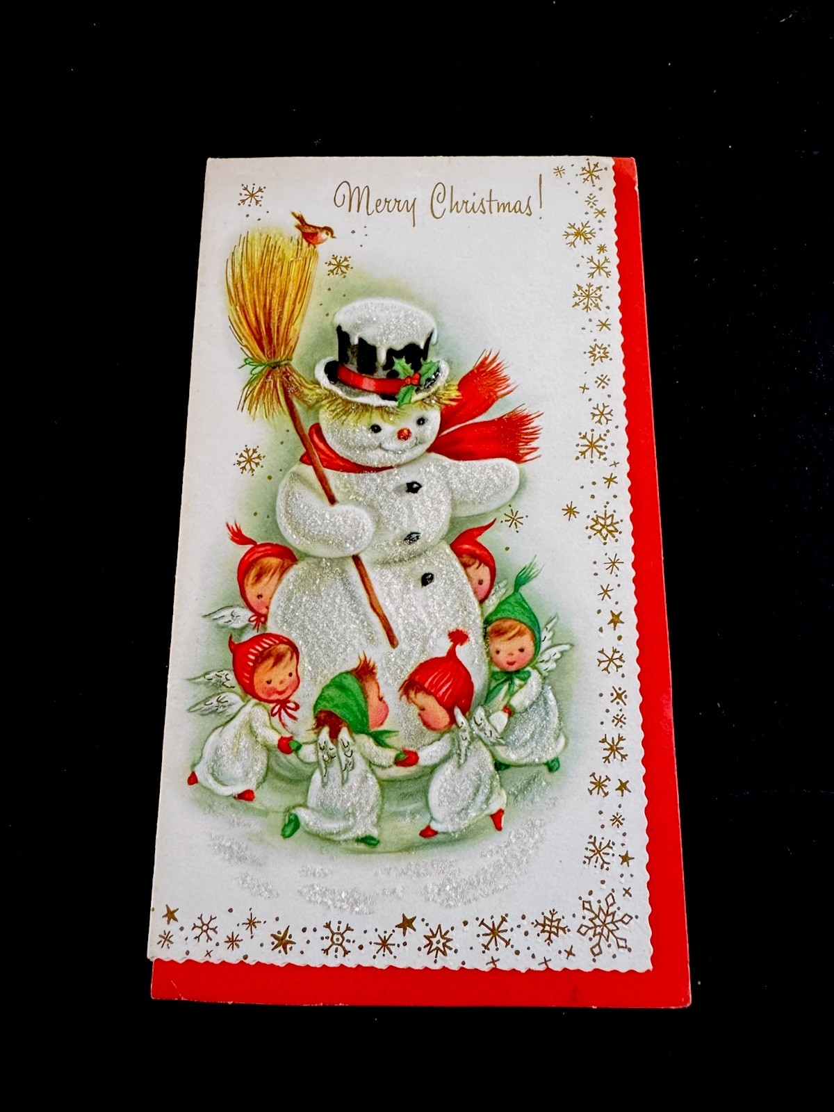 1 VTG Glittered Xmas Greeting Card Darling Angels Dancing Around Snowman W/ 🧹