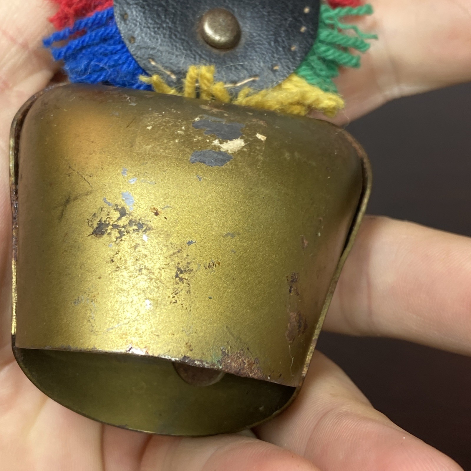 Brass Swiss Cow Bell Multi Color Fringed Leather Strap Vtg 6” Cottage Landscape