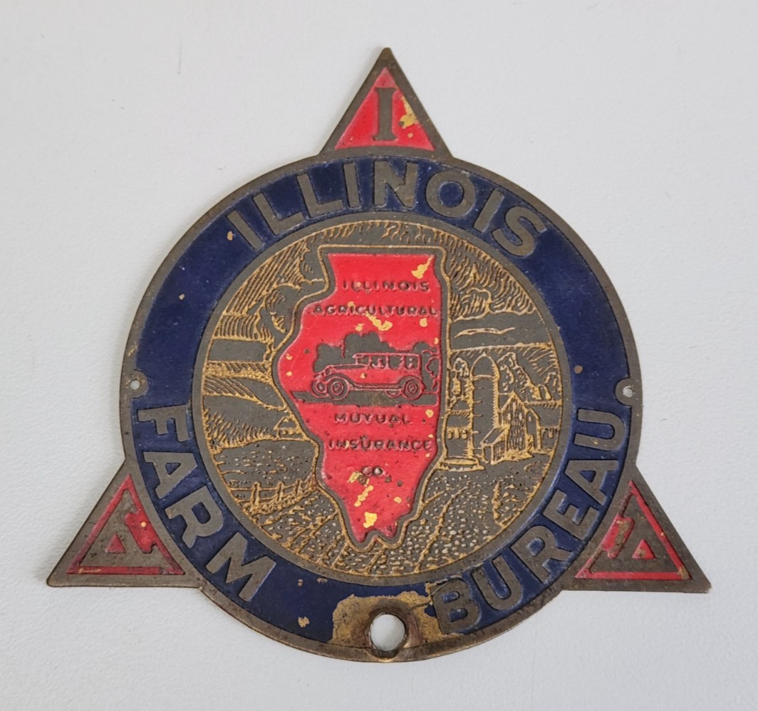 Vtg 1930’s Illinois Farm Bureau IAA 3.75″ Metal License Plate Topper Sign Badge