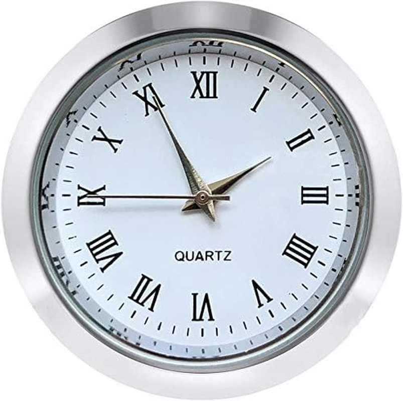 Mini Clock Insert 1.5 Inch round Quartz Movement White Face Silver Bezel Roman N