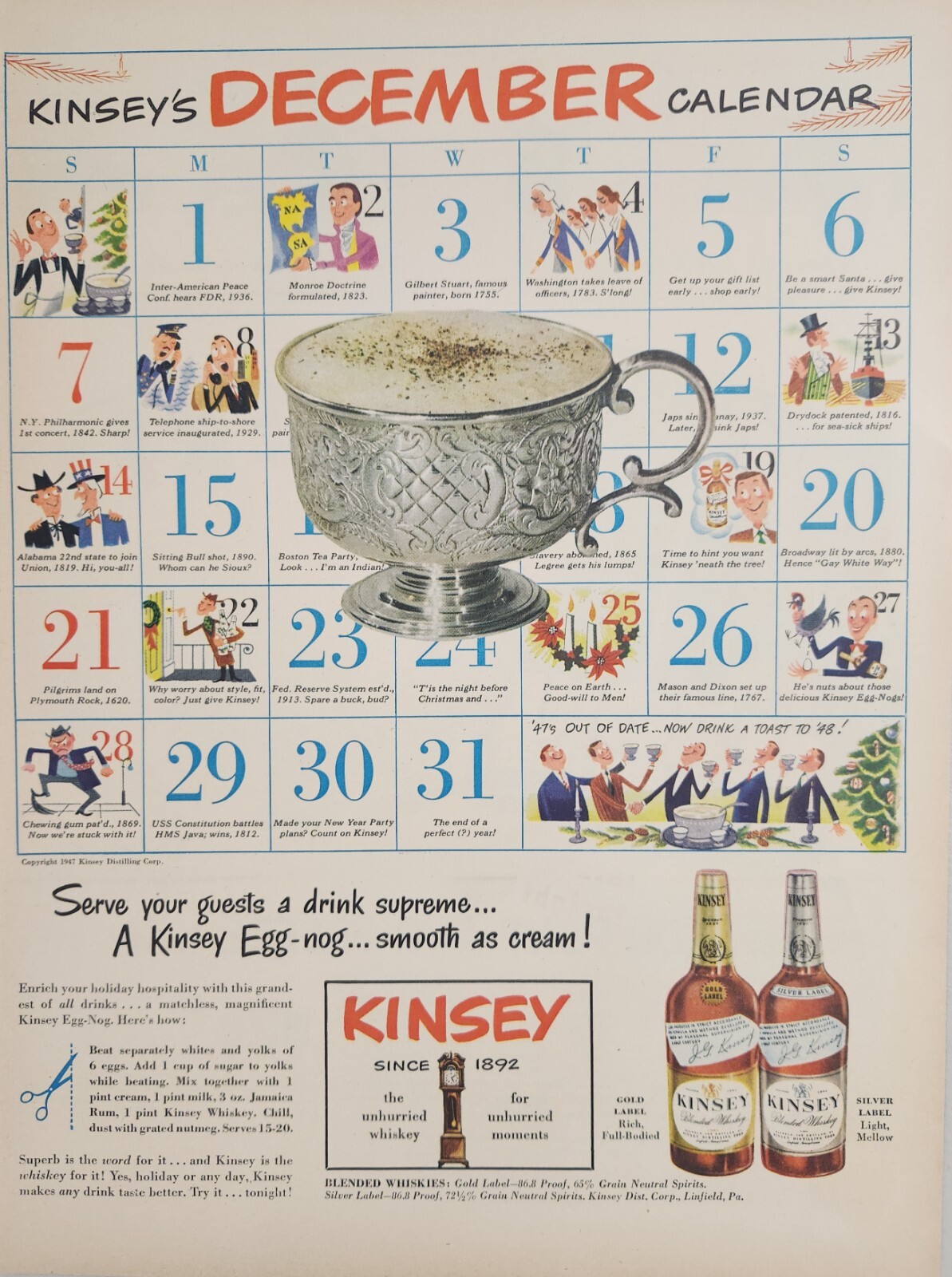 1947 Print Ad Kinsey Blended Whiskey December Calendar Egg Nog
