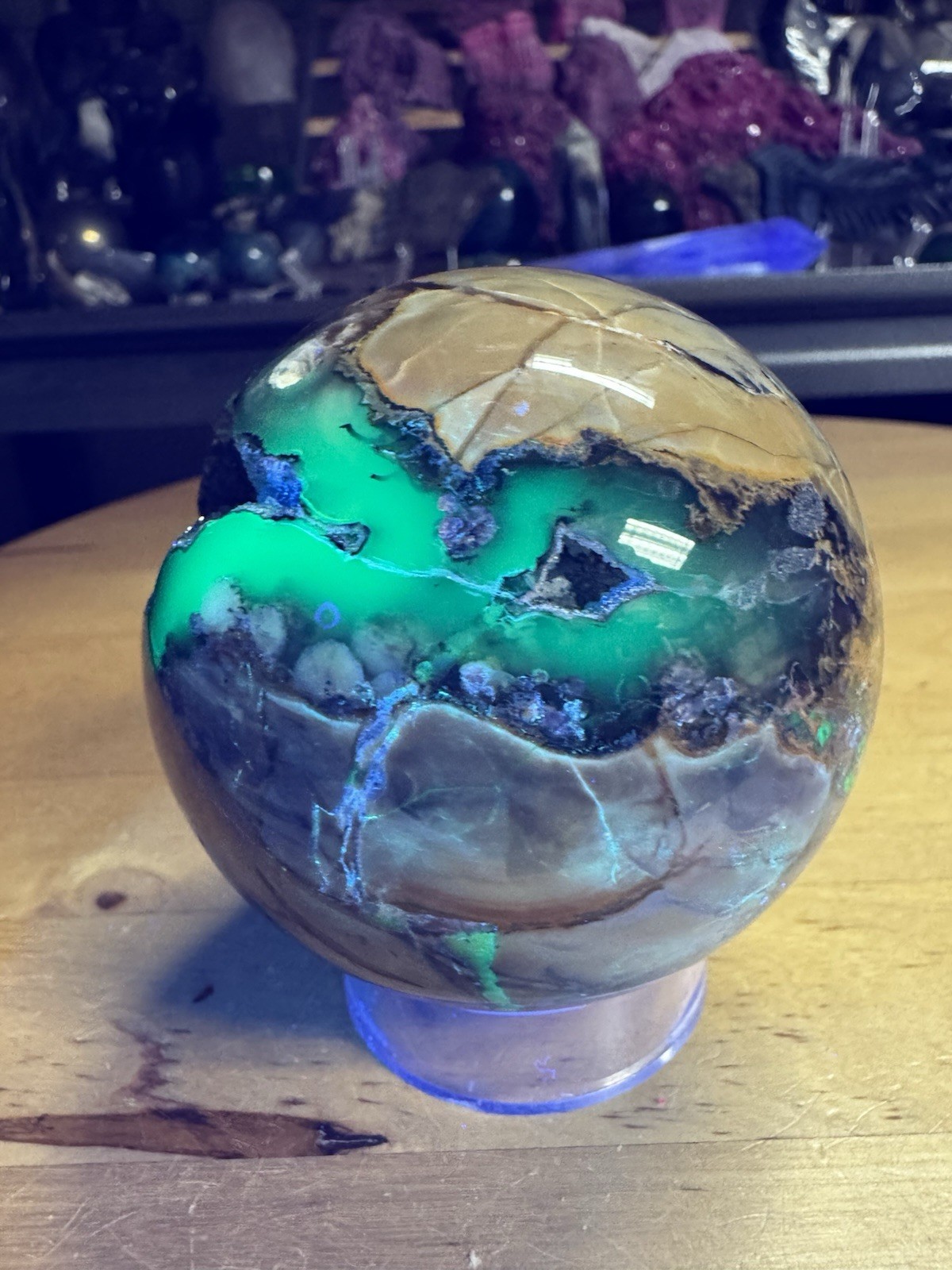 7063 Volcano Agate Druzy Sphere Trapped Uranium 72mm 2.9”DIA Wt. 1 Lb. 2 Oz.