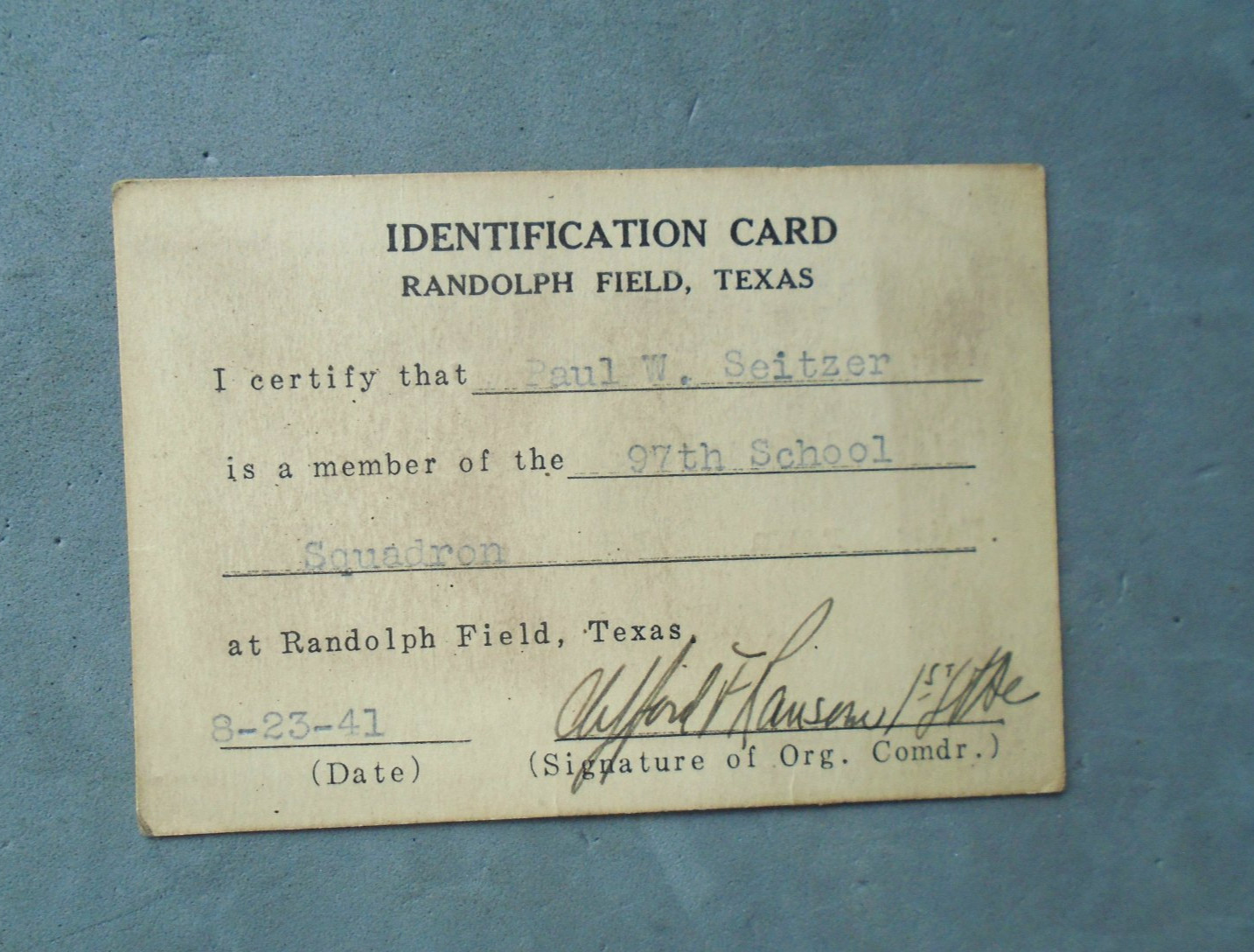 Randolph Field, TX, 1941 Identification Card