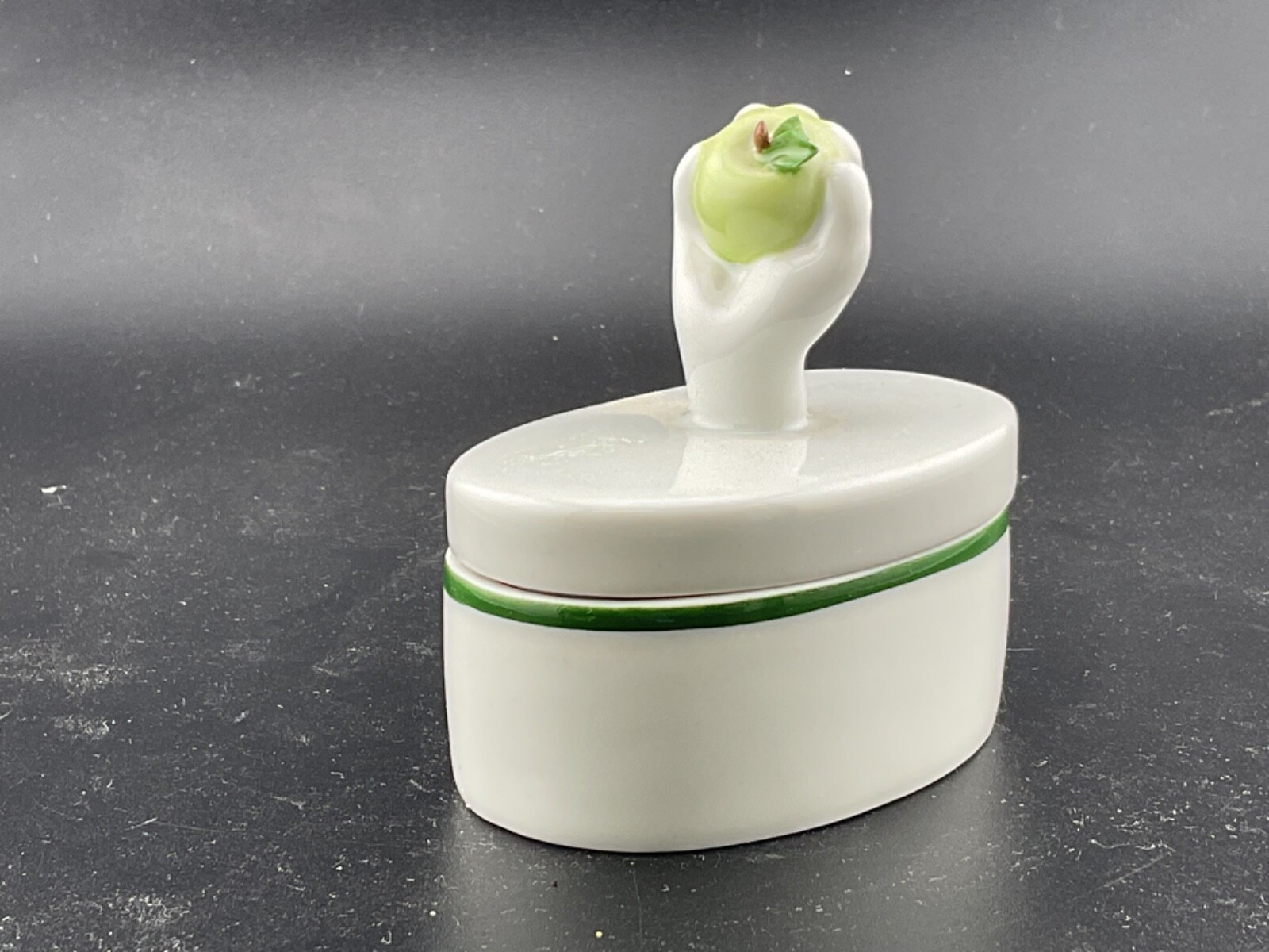 royal dux white poecelain trinket box hand with green apple 06-5012