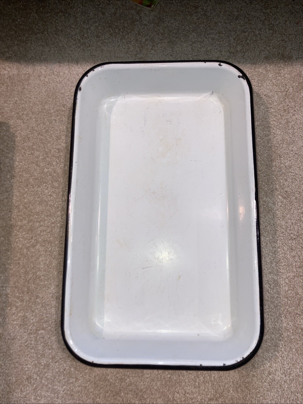 Vintage Enamelware Rectangular Baking Pan 10 X 15″ ~2.5″ Deep White w/Black Trim