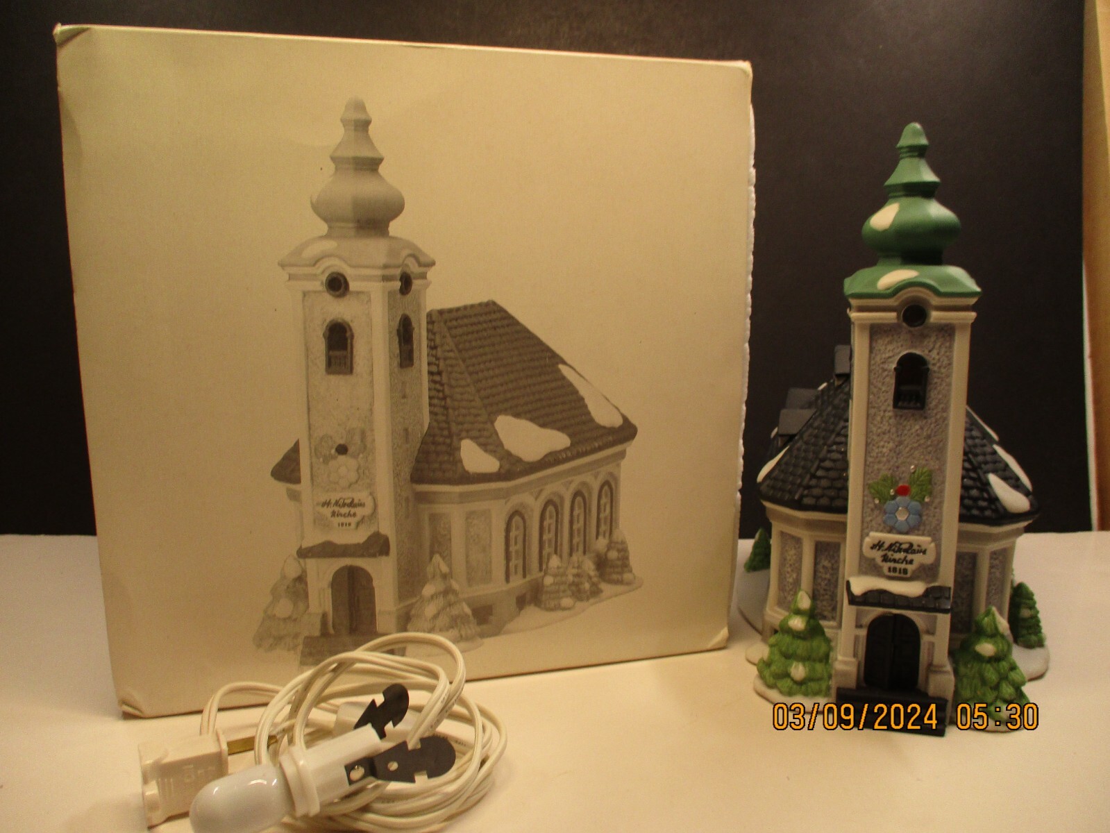 D-56 ALPINE VILLAGE ST NIKOLAUS KIRCHE LIGHTED HOUSE