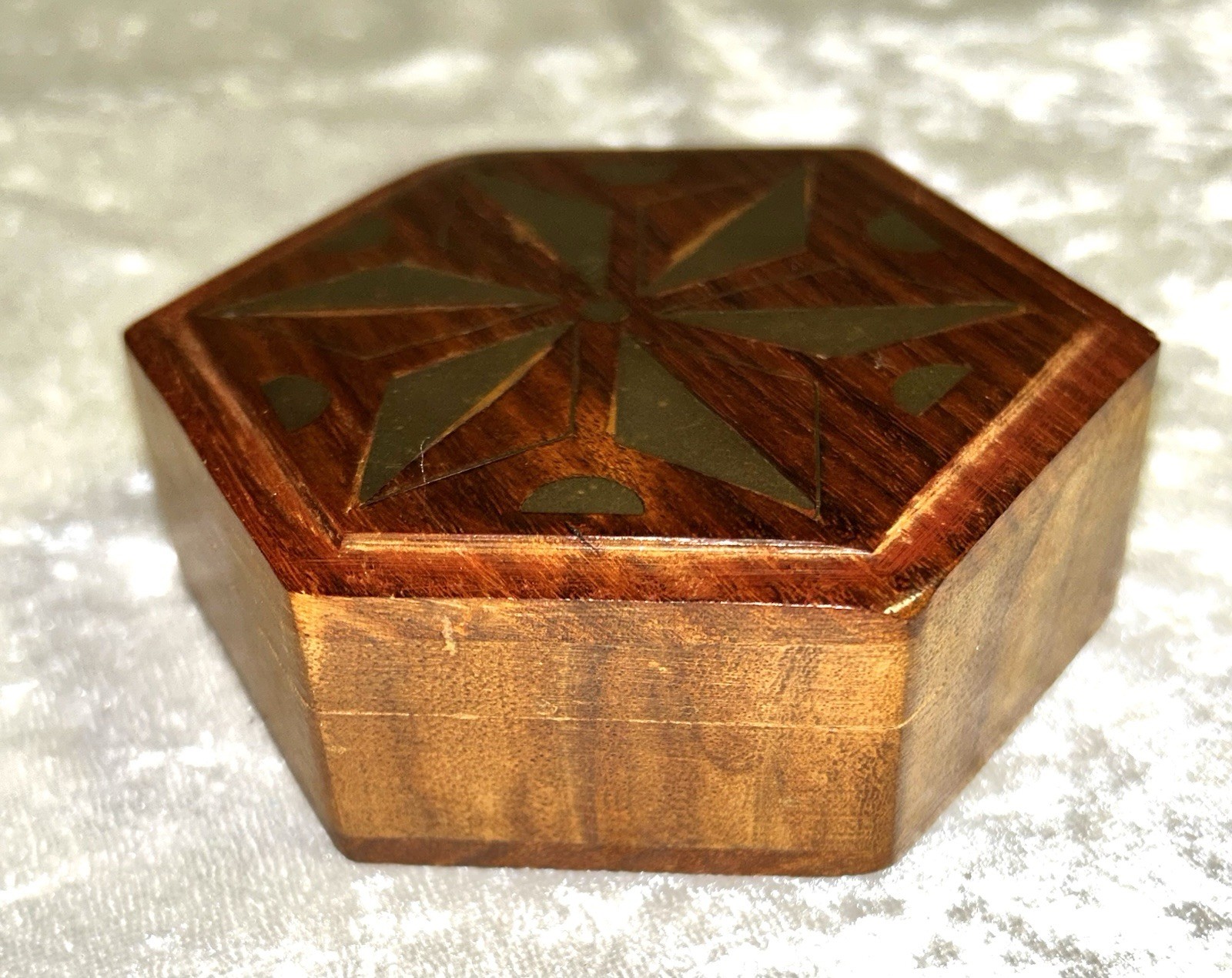 Hexagonal Wood Box With Brass Inlay