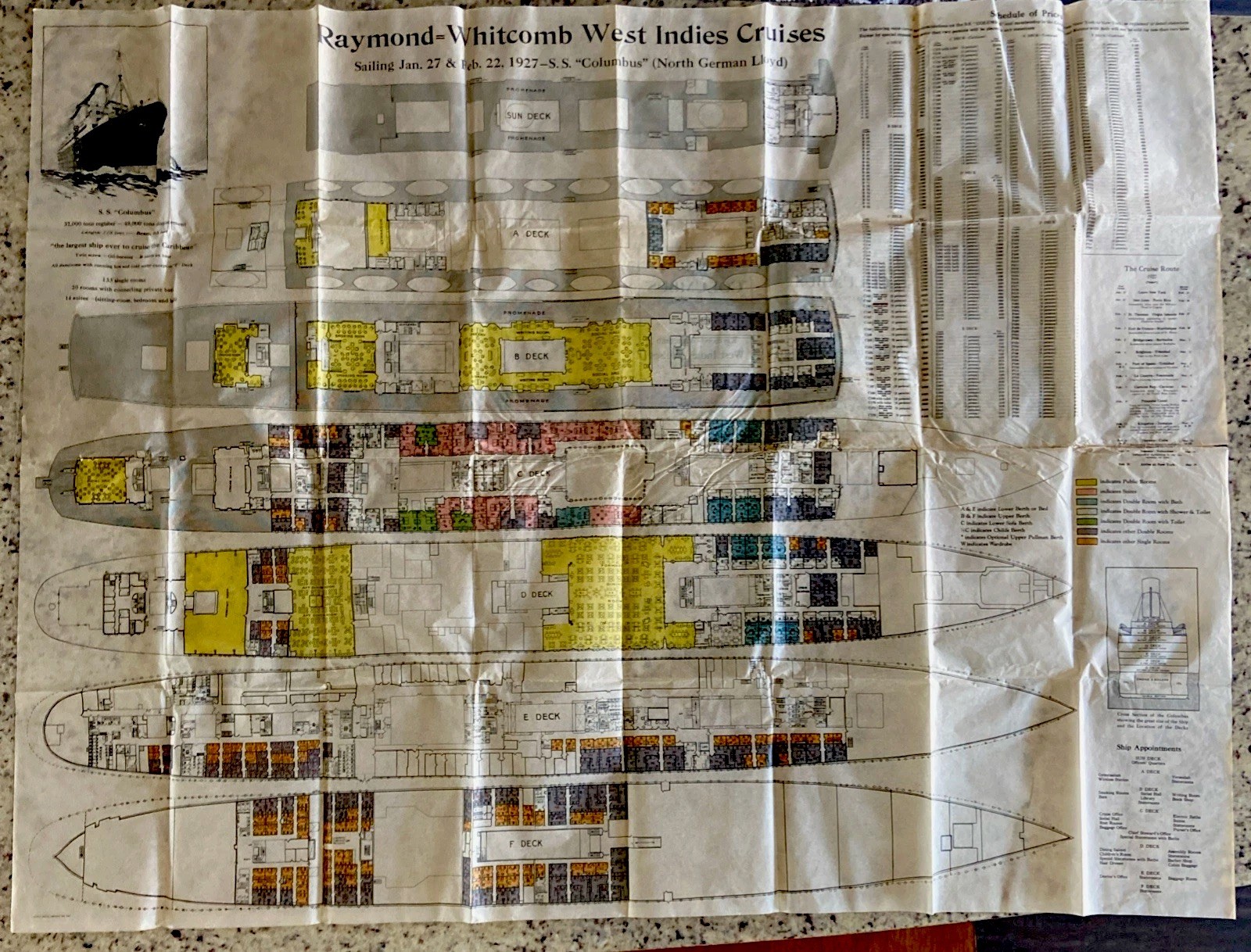 Antique Large 36”x48” Deck Plan SS Columbus Ocean Liner Steamship Diagram RARE