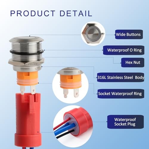 12V Push Button Switch 22MM 316L Stainless Steel Buttons 20A High Red Latching