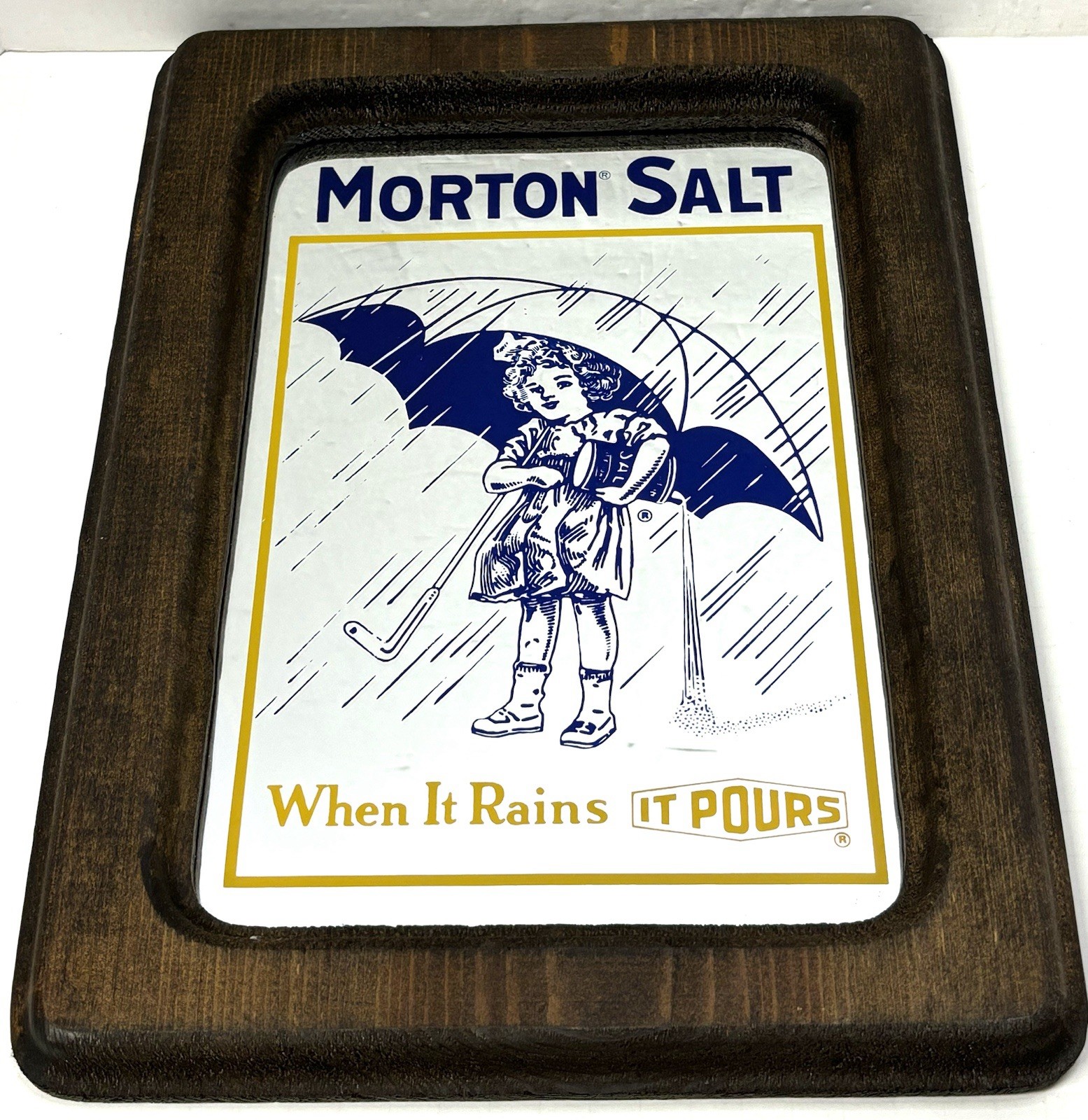 Vintage Morton Salt Mirrored Advertising Sign in Wooden Frame 14.5 x 10.5 in