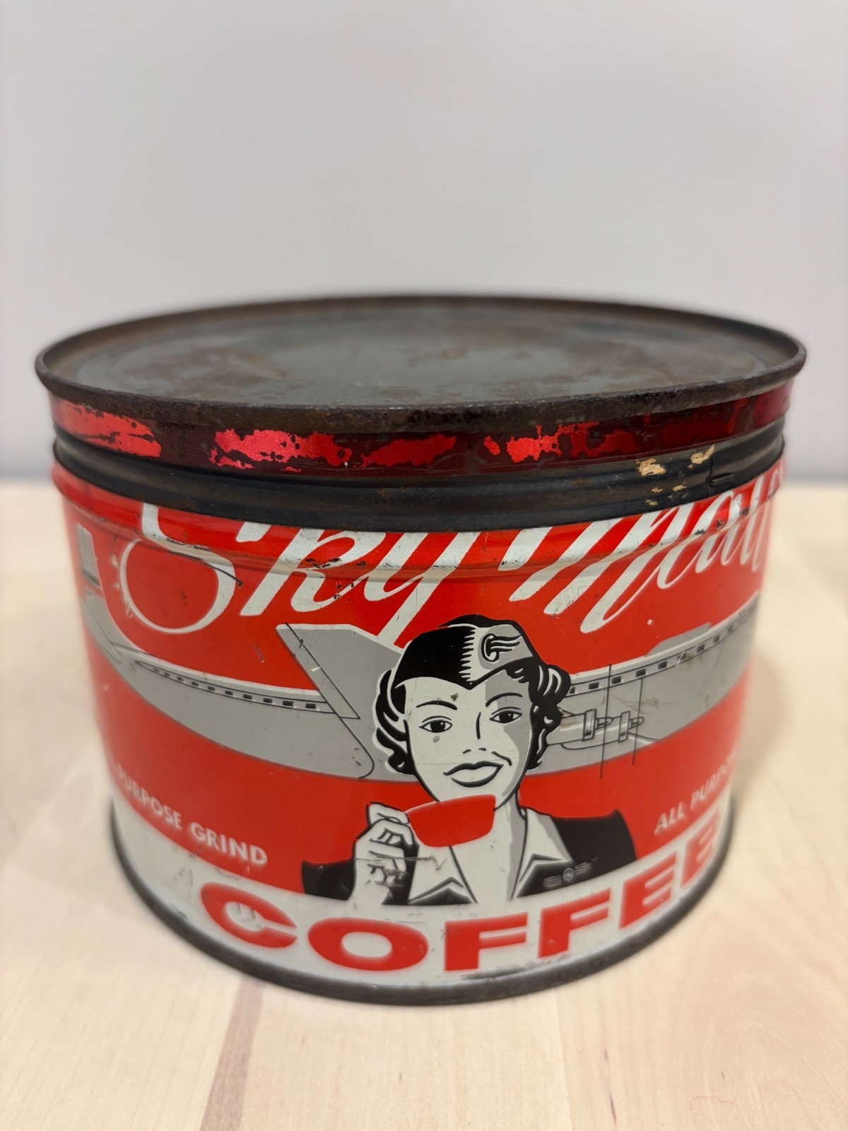 Sky Maid Coffee Tin with Lid 1 lb Rare Airline Advertising Litho Can