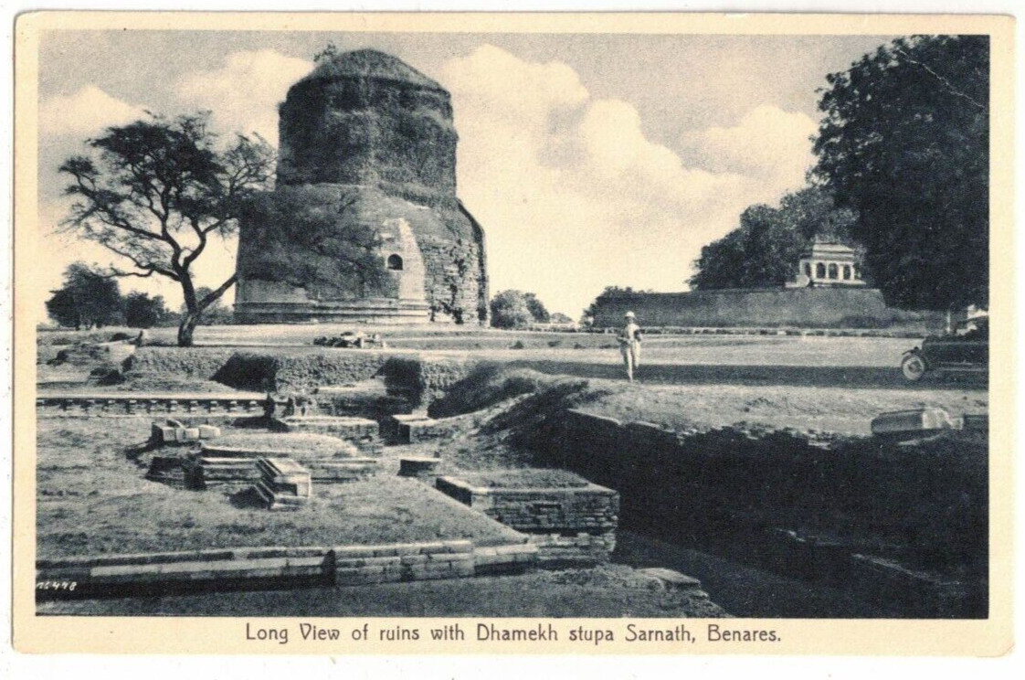c1920 Postcard: View of Ruins & Dhamekh Stupa Sarnath, Benares (Varanasi) India