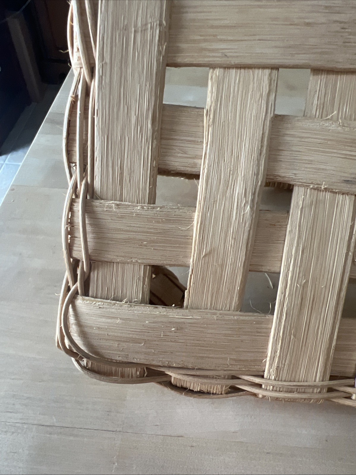 Handmade Split Oak Basket Fixed Handle Double Rim Rustic Farmhouse Primitive 13″