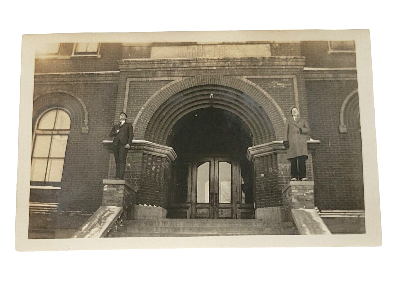 1920s Men Posing as End Cap Statues Brick Historic Building Photo