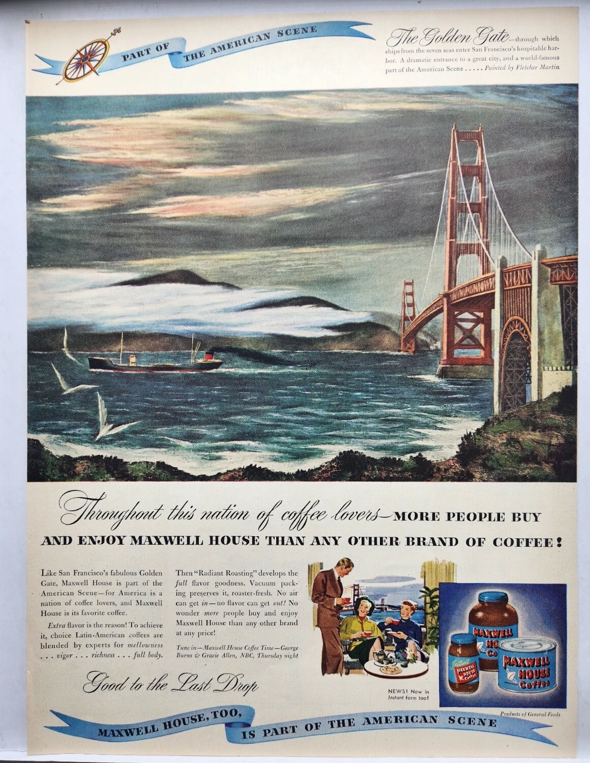 1938 Maxwell House Coffee Golden Gate Bridge SF Original Print Ad Life Magazine