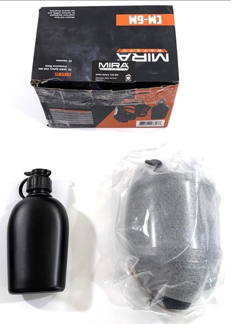 NEW OPEN BOX MIRA SAFETY TACTICAL GAS MASK CM-6M FULL FACE RESPIRATOR w/ CANTEEN