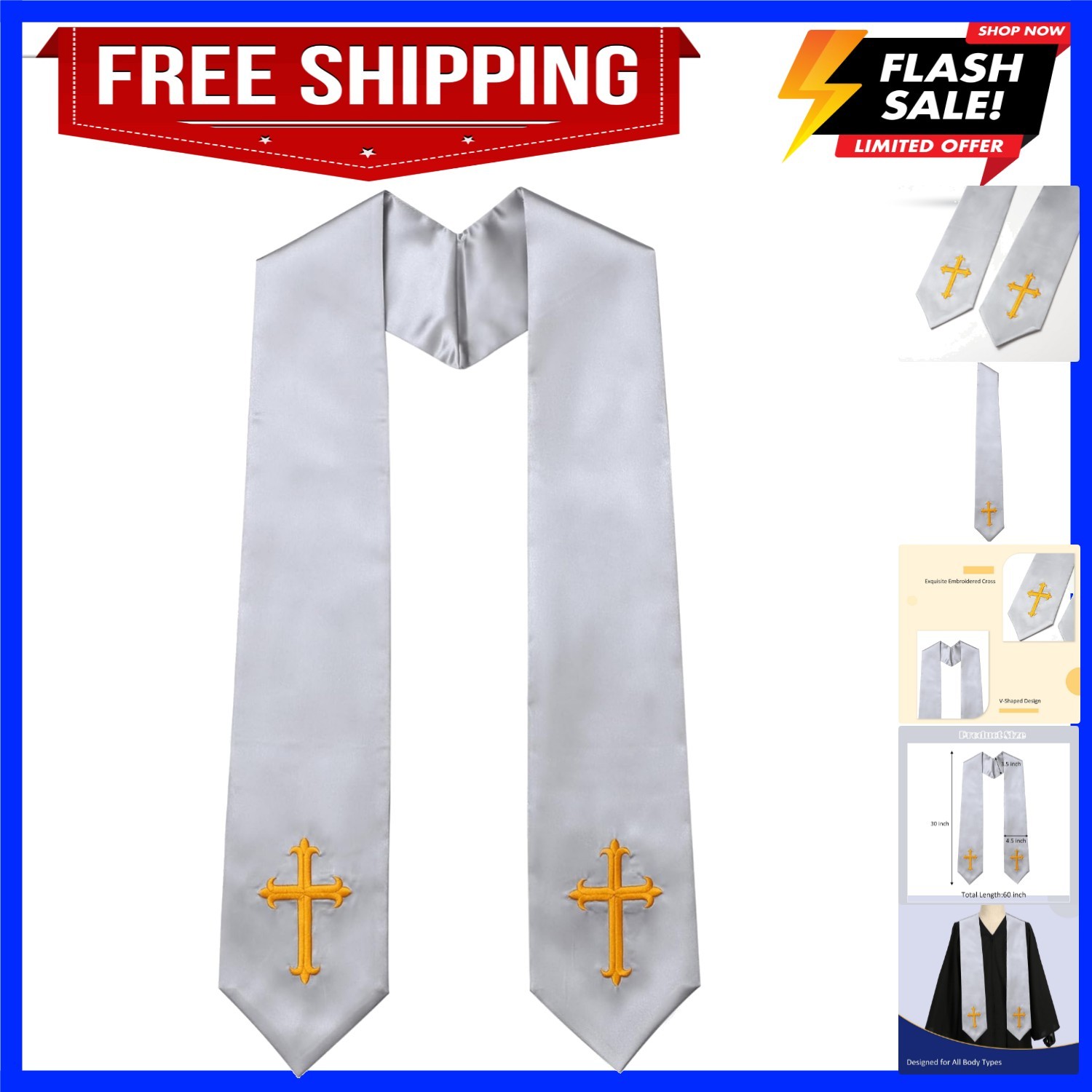 Unisex Adult Clergy Stole with Embroidered Cross Wedding Stole Church Choir S…
