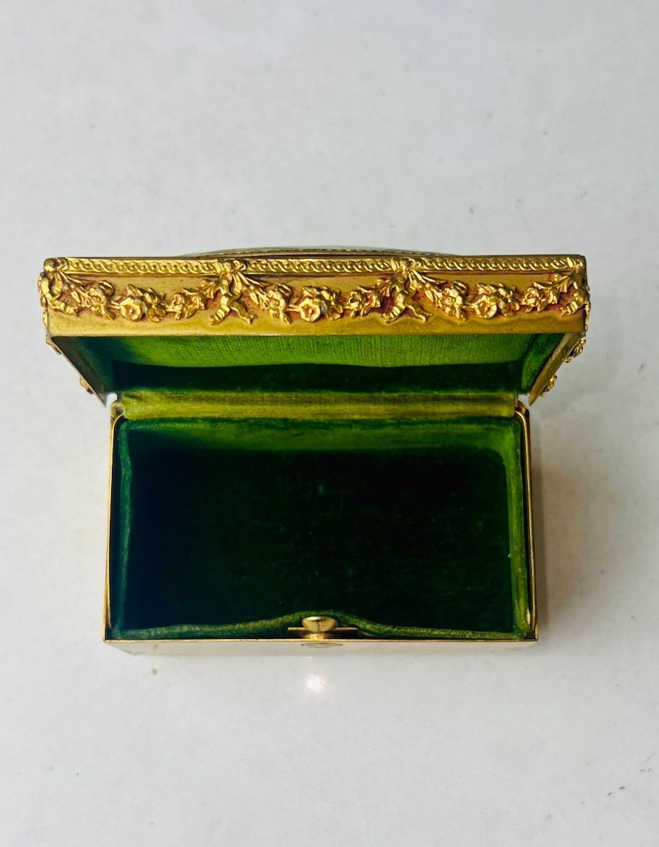 Antique French Rectangular Gilt Bronze Jewel Casket Trinket Box w/ Enamel Plaque