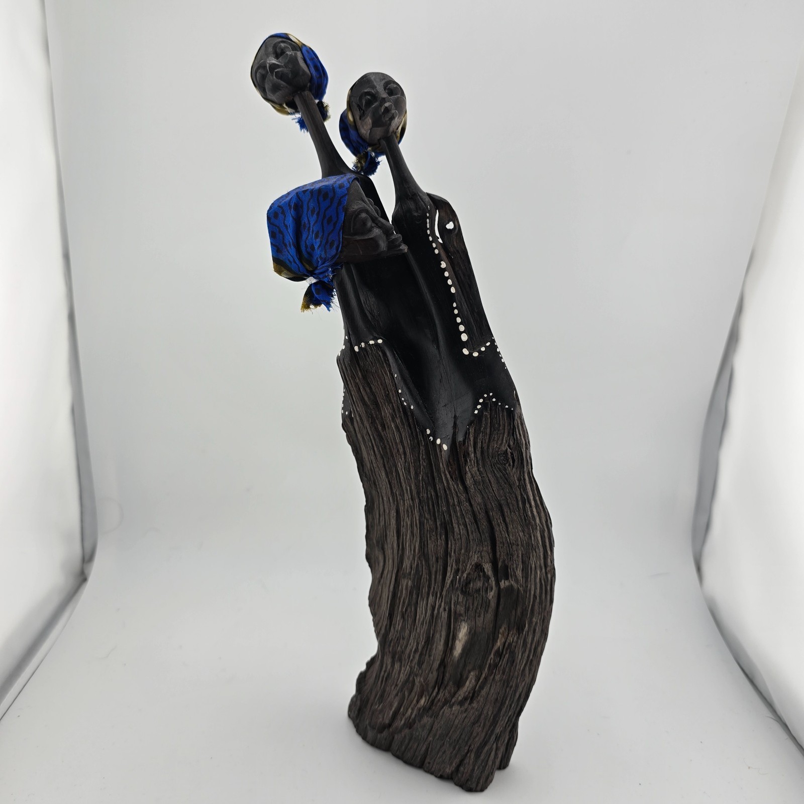 Vintage Hand Carved Ebony Wood African Family Sculpture 12″ Blue Head Wraps