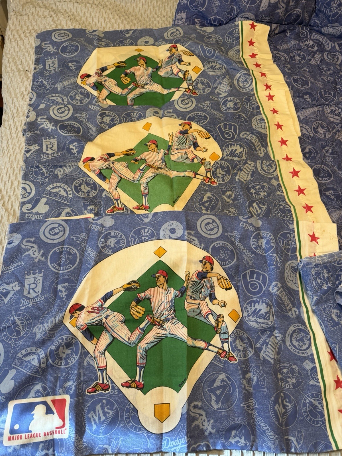 Vtg 1991 MLB Major League Baseball Sheet Set Twin Flat Fitted Pillow Case USA