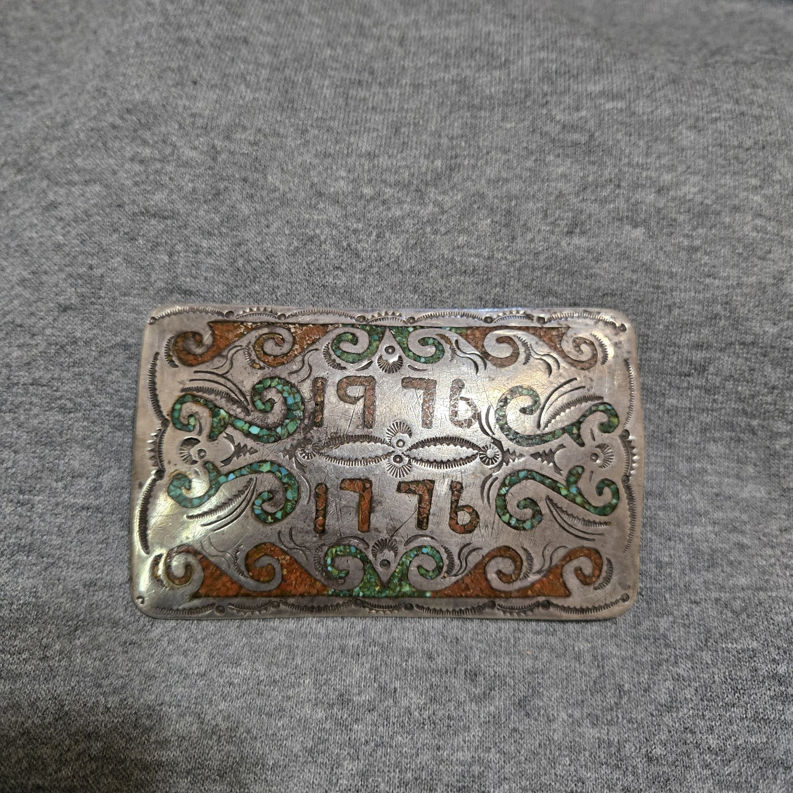 Vtg Native American Silver Belt Buckle Coral Red And Turquoise Chip Inlay 1976