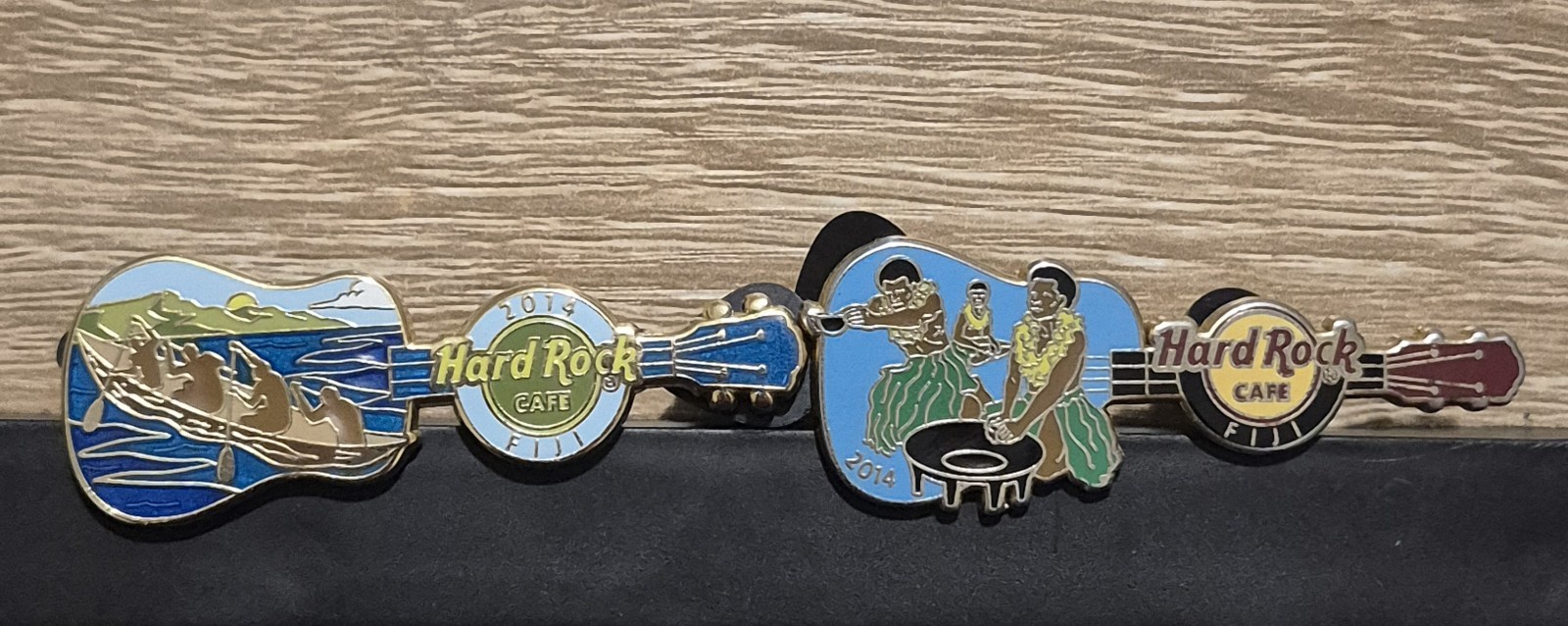 Hard Rock Cafe Fiji 2014 Guitar Pins Set LE 100 Traditional Ceremony Canoe Rare