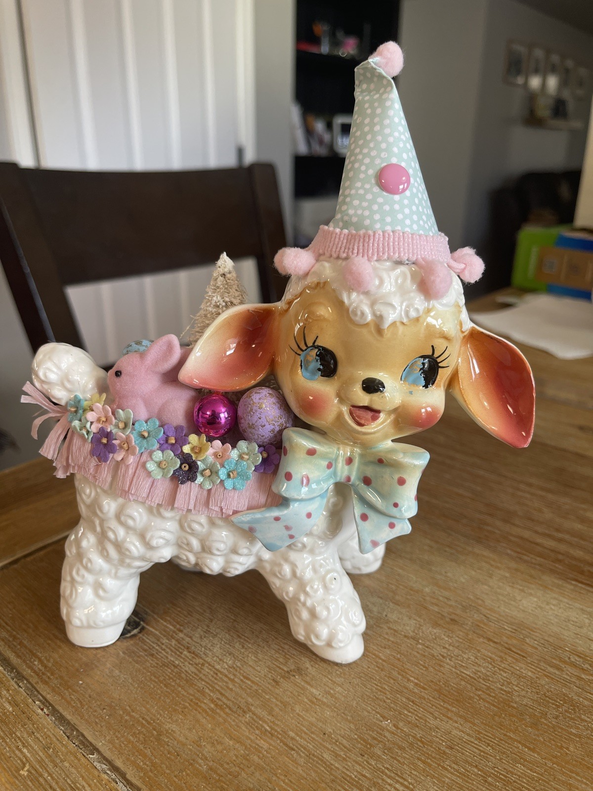 1950’s Vintage Japan Napco Pink Lamb Planter Big Eyed Sheep Blue Bow Kitsch