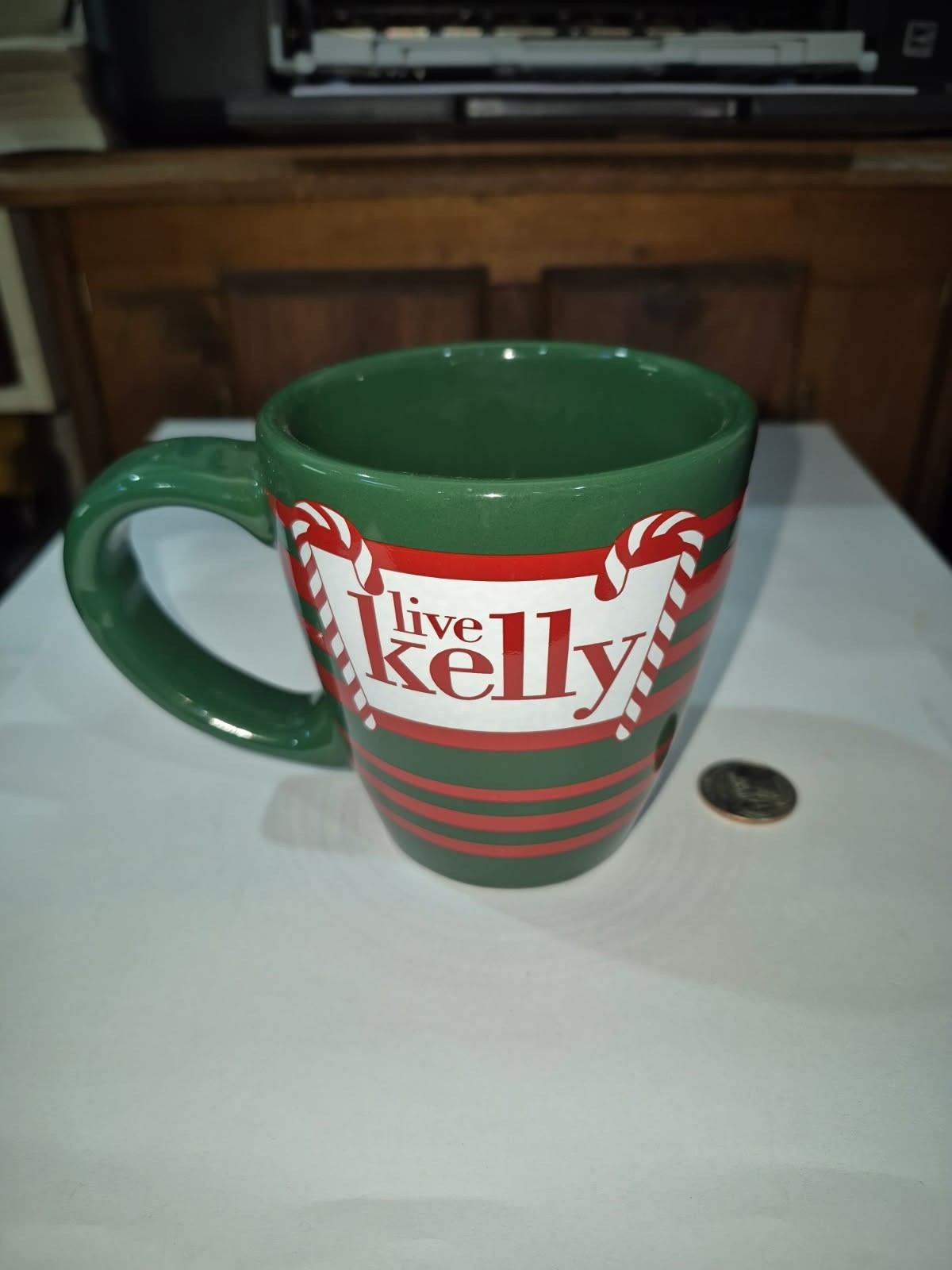 Live Kelly Ripa Coffee Mug Cup Christmas Green USA Made 4″ OT20