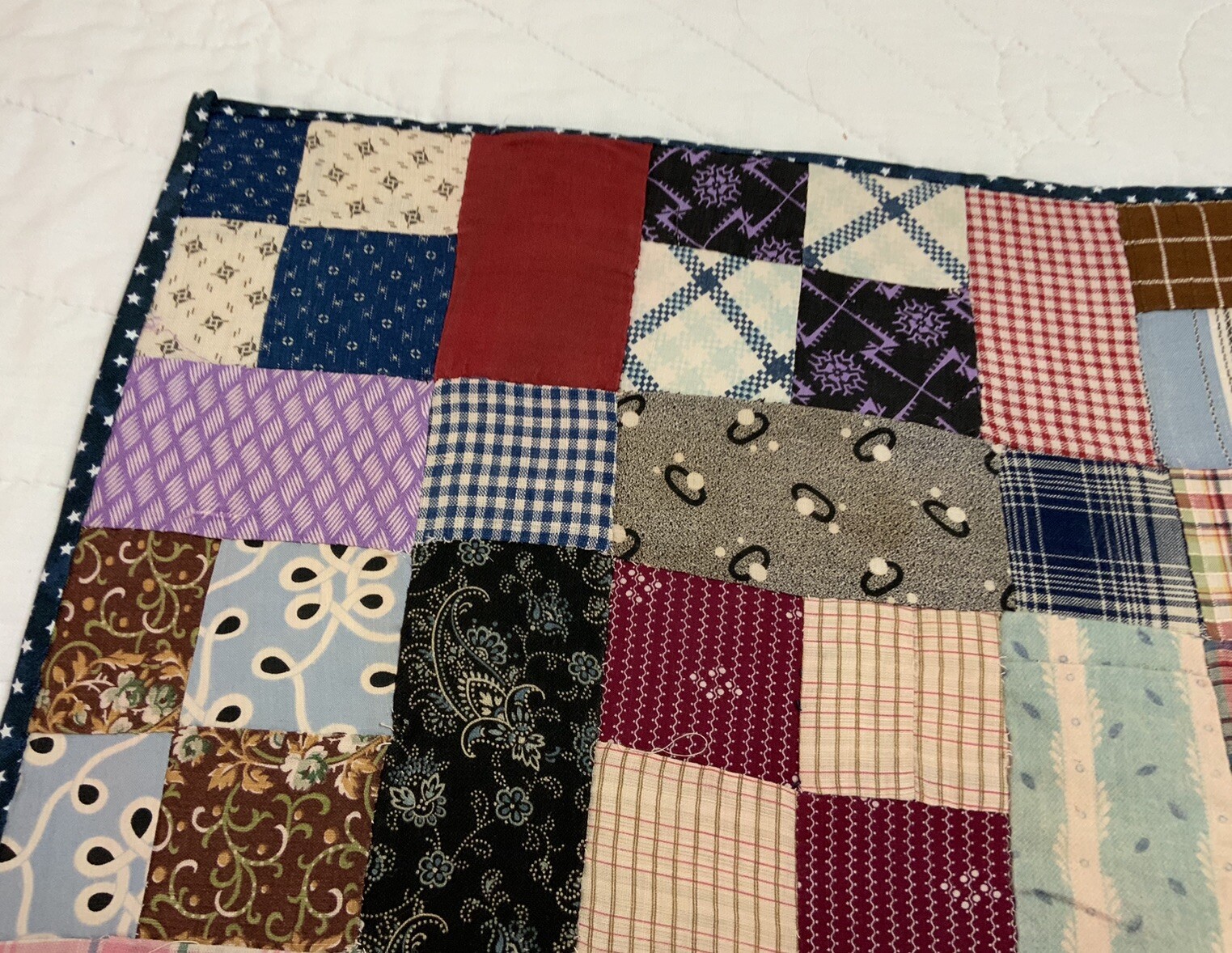 Vintage Antique Patchwork Quilt Table Topper, Four Patch, Calico Prints, 1940’s