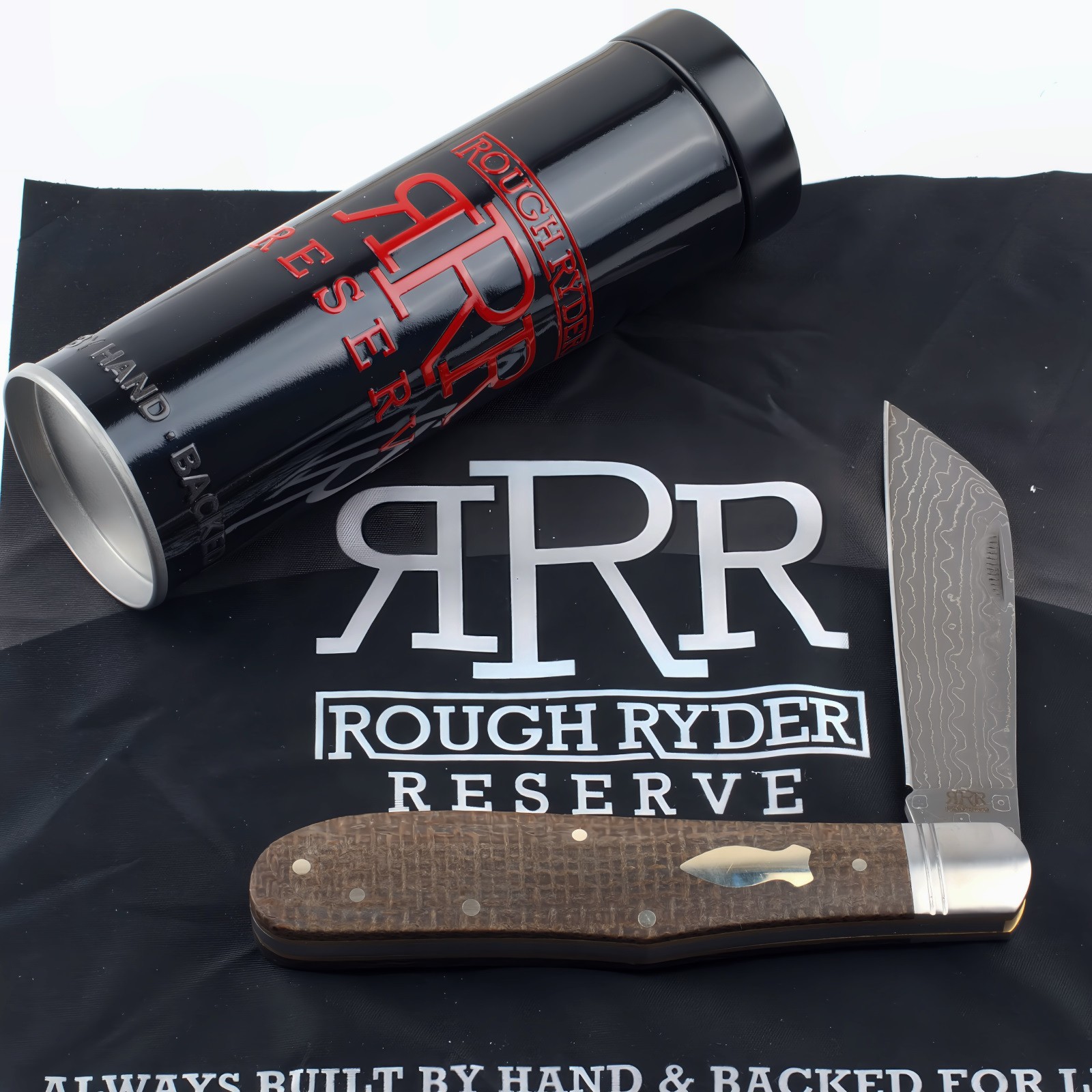 Rough Ryder Reserve Granddaddy Folder Knife Damascus Steel Brown Burlap Micarta