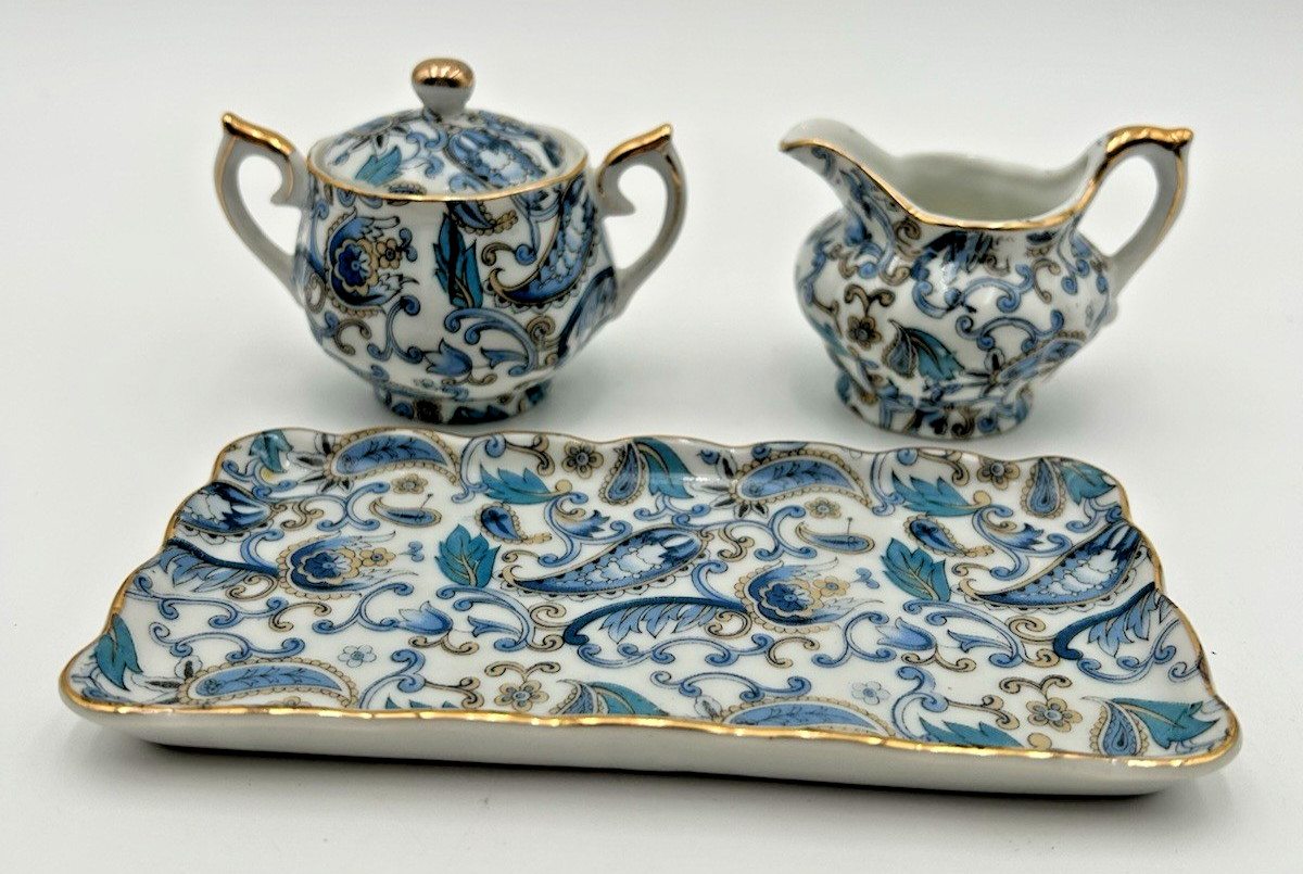 Vntg Lefton China Petite Sugar Creamer & Tray Blue Gold Paisley Gold Accent Set
