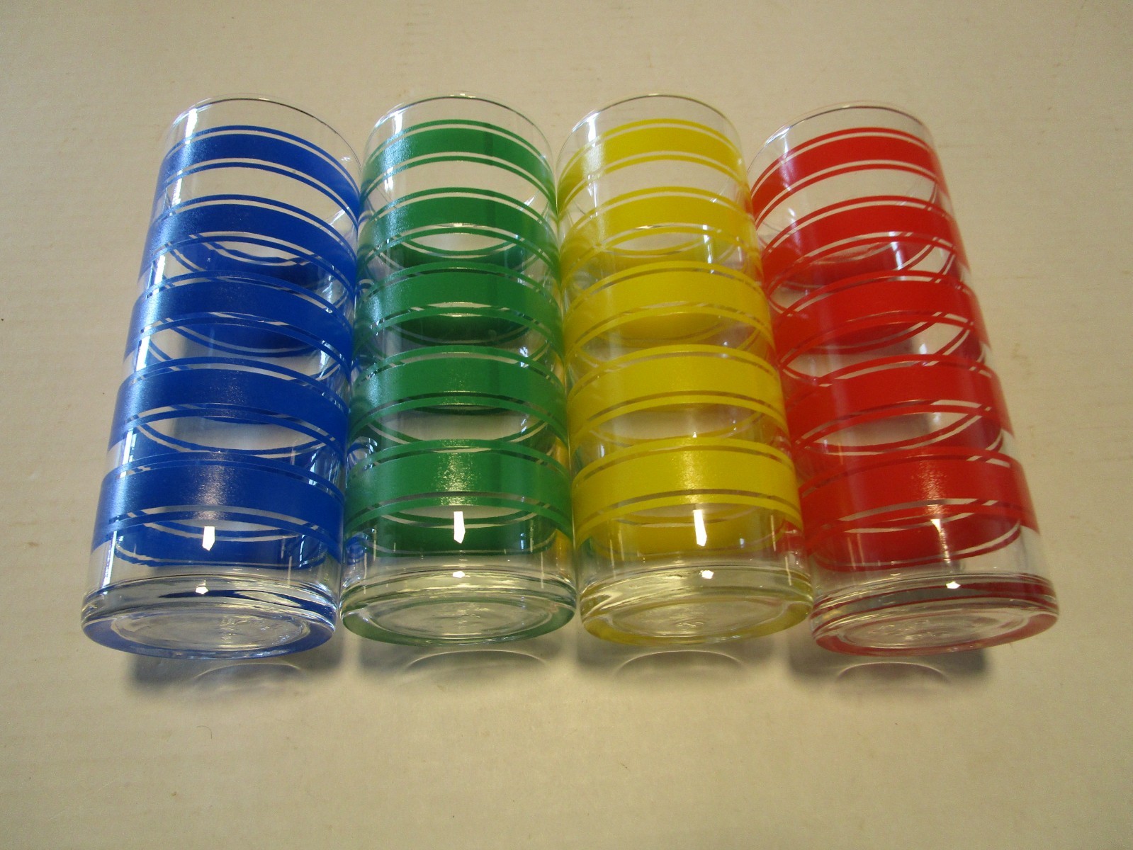 MCM Libbey Glass Set 4-Tom Collins Highball Rings Red Green Yellow blue 1950s