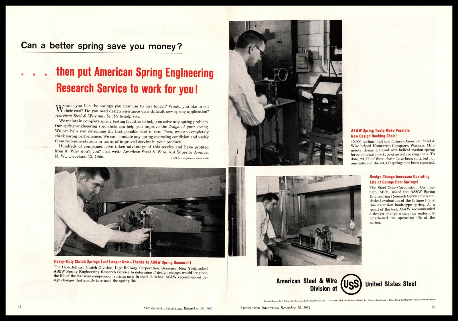 1958 U. S. Steel American Steel & Wire Division Spring Engineer 2-Page Print Ad