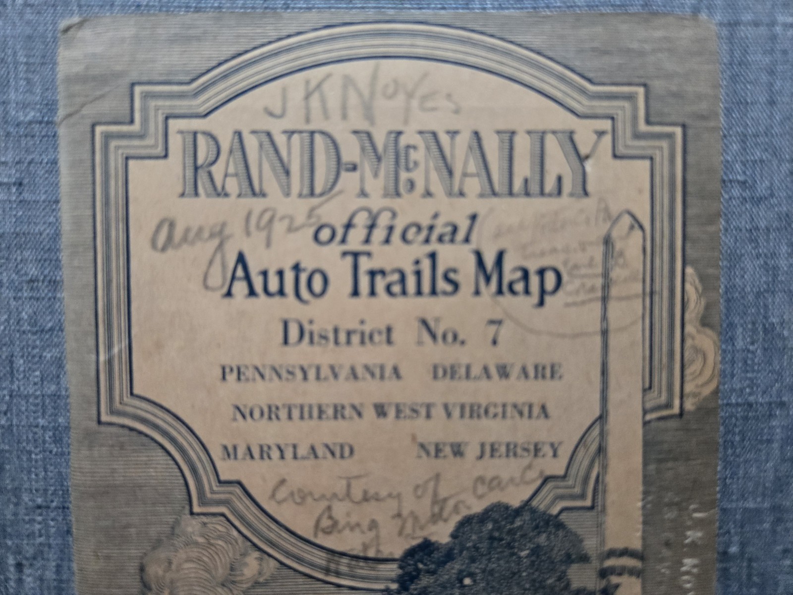 Rand-McNally Auto Trails Map 1920 District 7 PA, DE, N. WVA, MD, NJ