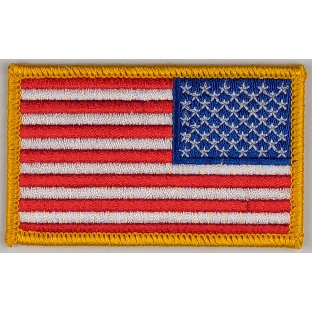 Reverse American Flag Patch – Full Color “Sew-On” Patch – Gold Border 3.25″ x 2″