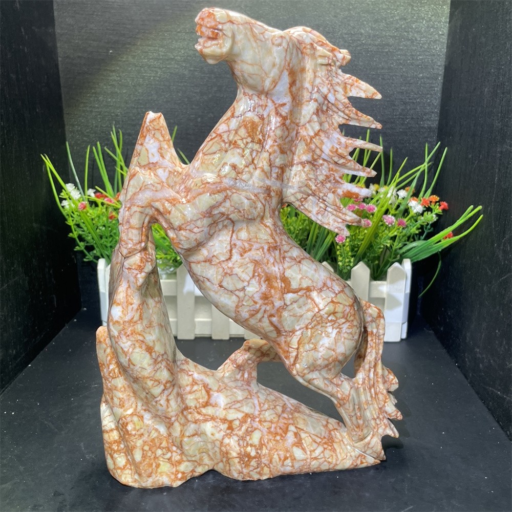 6.8LB 10.4″ Natural Red Net Stone Horse Crystal Quartz Statue Decor Energy