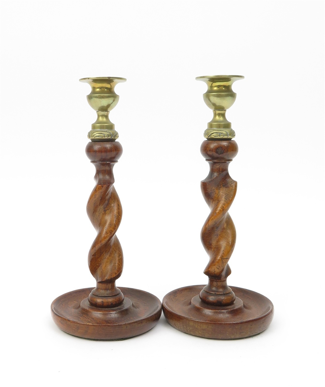 Vintage Pair Of Solid Oak Barley Twist English Candlesticks 9.75″ x 4.5″ Diam