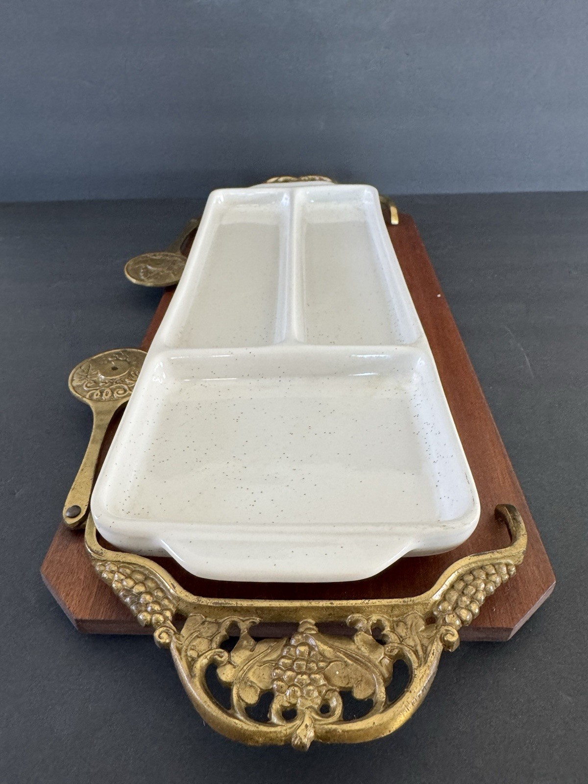 Vintage Israeli Serving Tray Lox Bagels Cheese Wood Brass Ceramic Speckled HTF