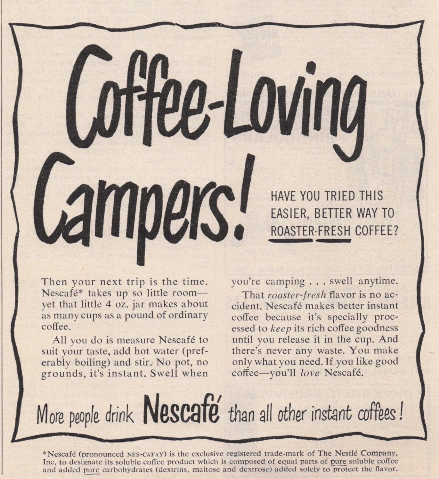 VTG Nescafé Magazine Ad “Coffee-Loving Campers!” 1950 Instant Coffee Nescafe